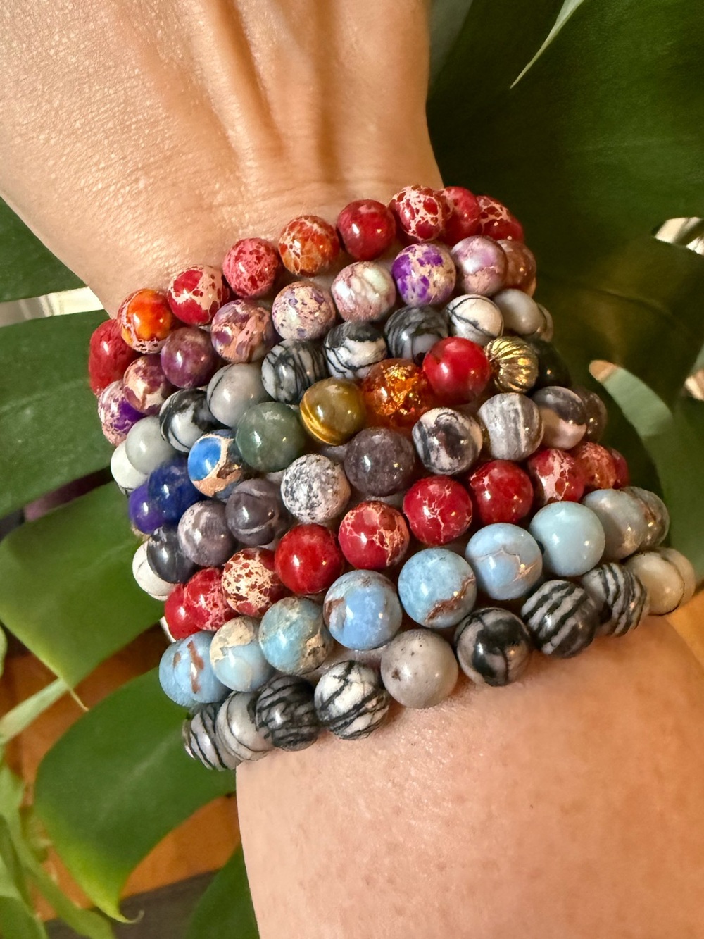 Handmade Semi-precious Chakra Beaded Lava Stone Stretchy Bracelet.